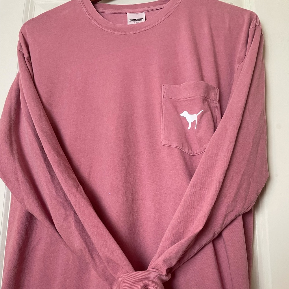 VS PINK Long Sleeve Logo Pocket Tee Dusty Rose S